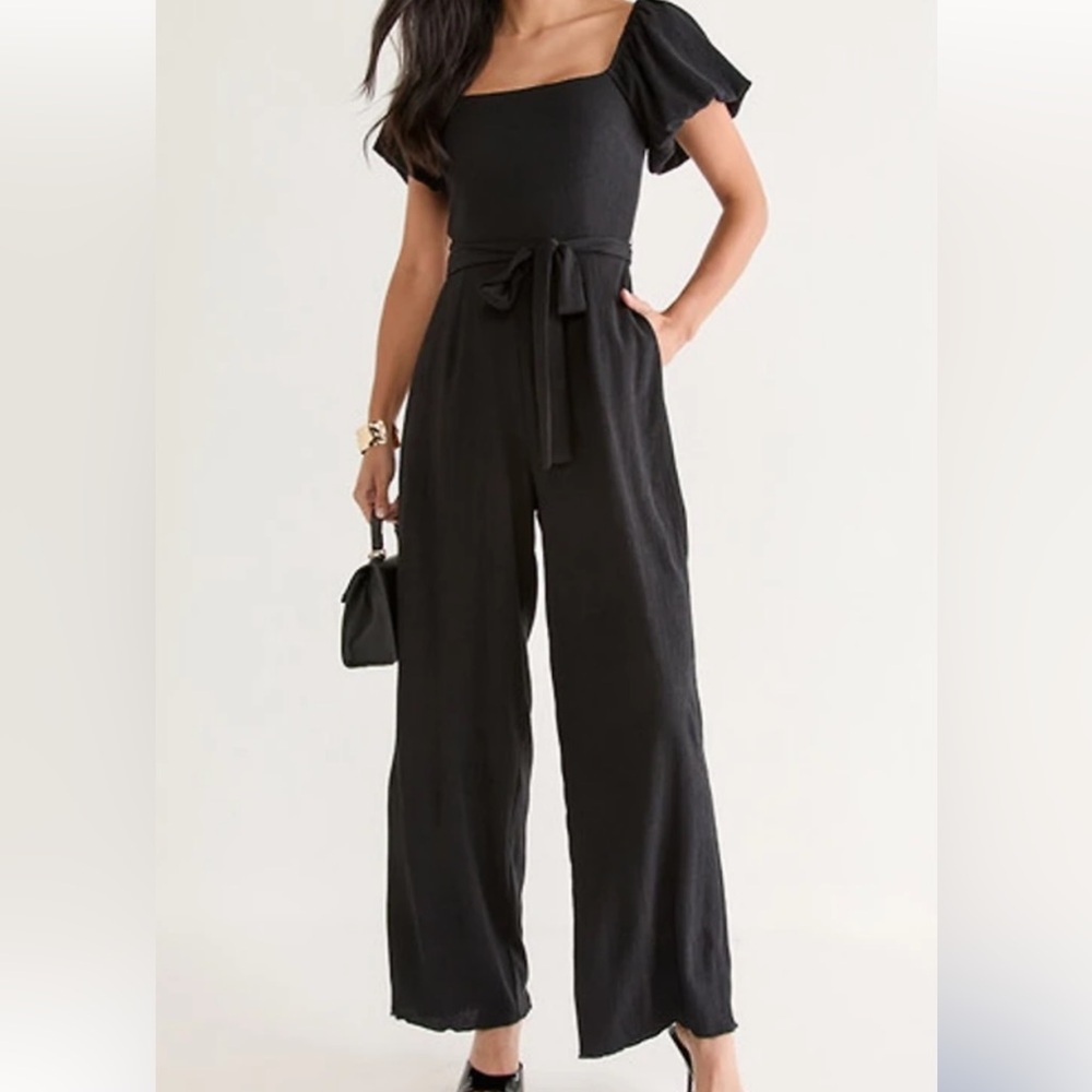 Trixxi Black Puff Sleeve Wide-Leg Jumpsuit Square Neck Tie w pockets M